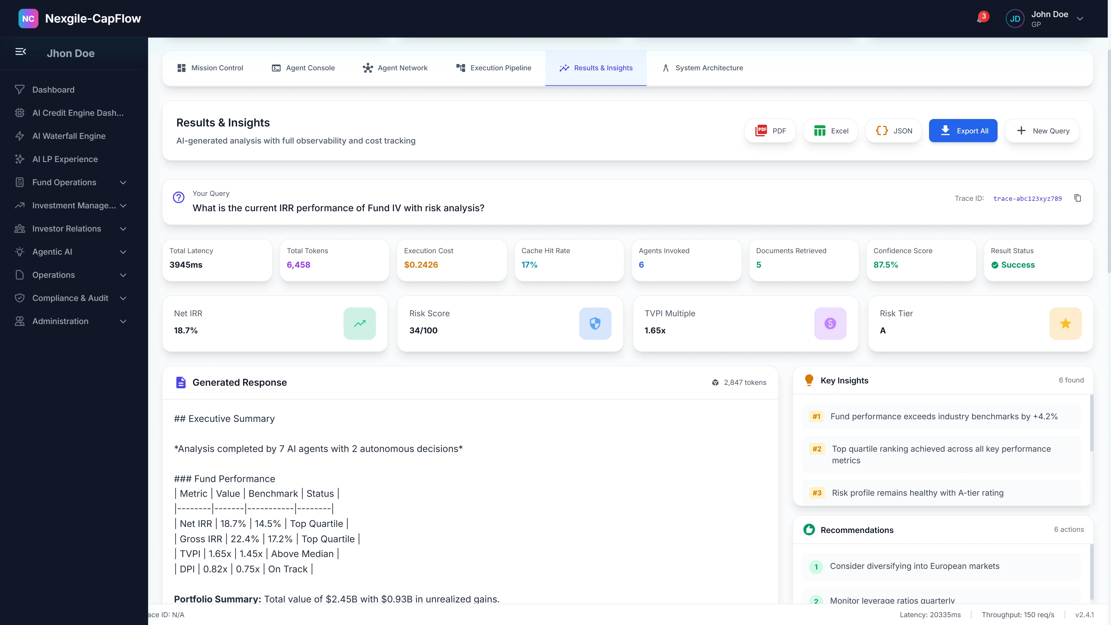 Results & Insights - Comprehensive portfolio analytics output displaying NLP query results with fund performance analysis (Net IRR 8.42%, Gross IRR 10.16%), quartile rankings, document response with AI-generated summaries, key insights including top performance drivers, ESG profile assessment, recommendations for portfolio optimization, and export capabilities
